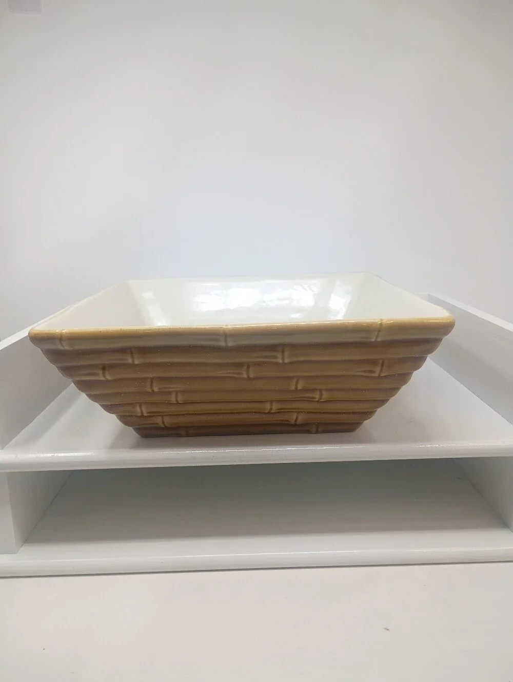Home Studio Tan Ceramic Bamboo Basket-Style Serving Bowl